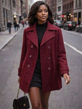 New York & Company Burgundy Wool Blend Peacoat Jacket Size 18 Double Breasted